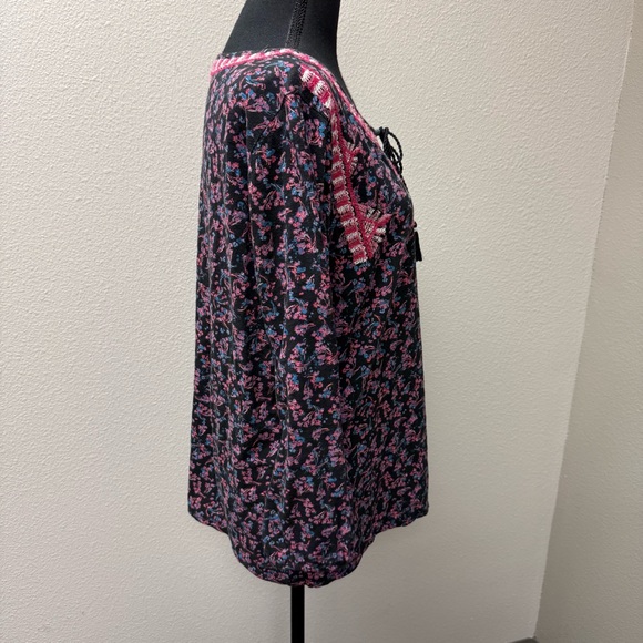 Lucky Brand Black Pink Floral Embroidered Boho Peasant Blouse Tassel Tie XL - Picture 6 of 8